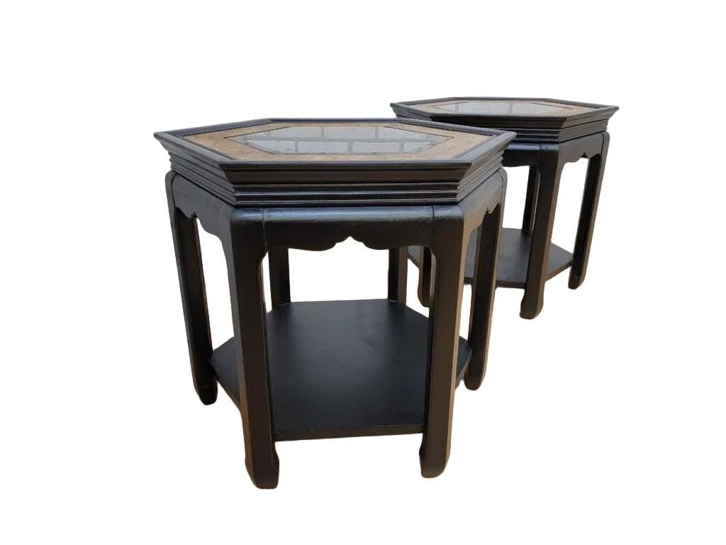 Hollywood Regency Chinoiserie Style Ebonized and Burl Side Tables - Pair - 4