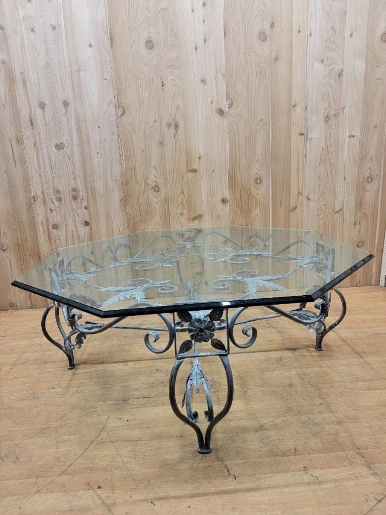 Vintage French Parisian Wrought Iron Octagonal Glass Top Table - 2