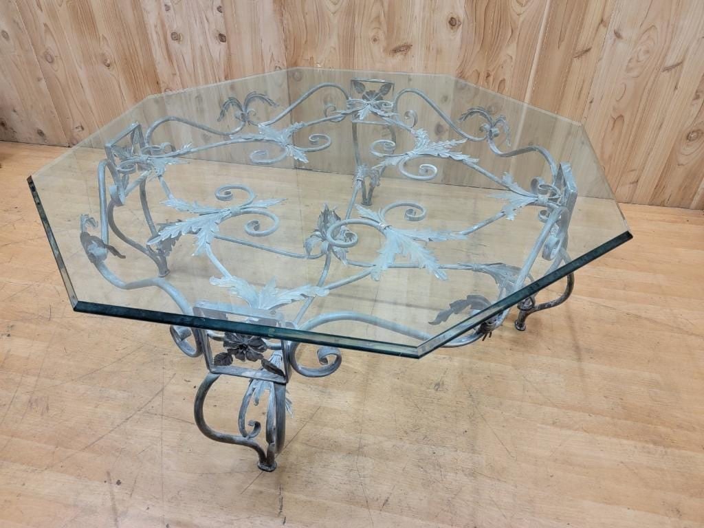 Vintage French Parisian Wrought Iron Octagonal Glass Top Table - 3