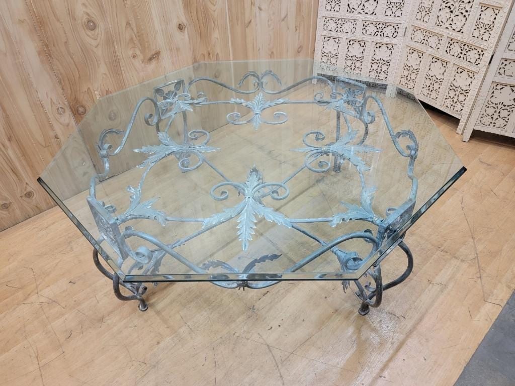 Vintage French Parisian Wrought Iron Octagonal Glass Top Table - 4