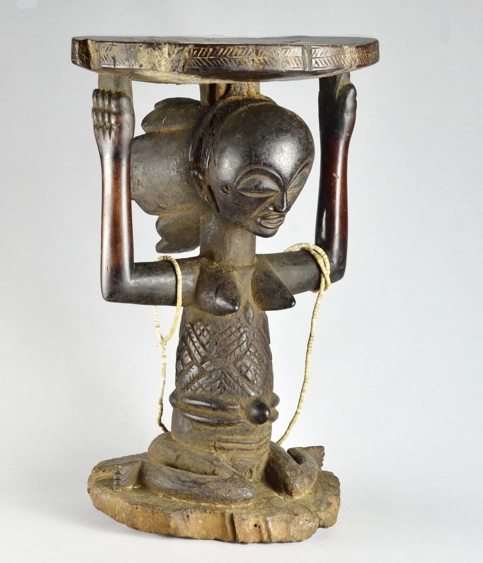 LUBA Old (+100years) caryatid stool tabouret seat Congo African Tribal Art 1412 - 10
