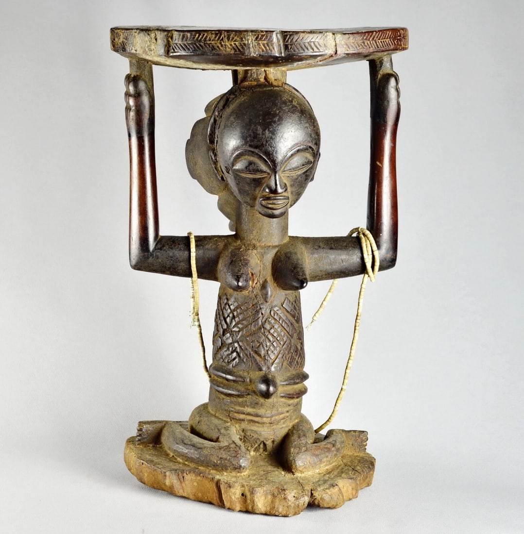 LUBA Old (+100years) caryatid stool tabouret seat Congo African Tribal Art 1412 - 3