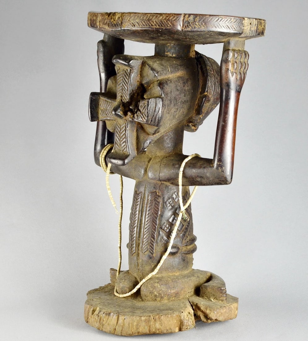LUBA Old (+100years) caryatid stool tabouret seat Congo African Tribal Art 1412 - 4