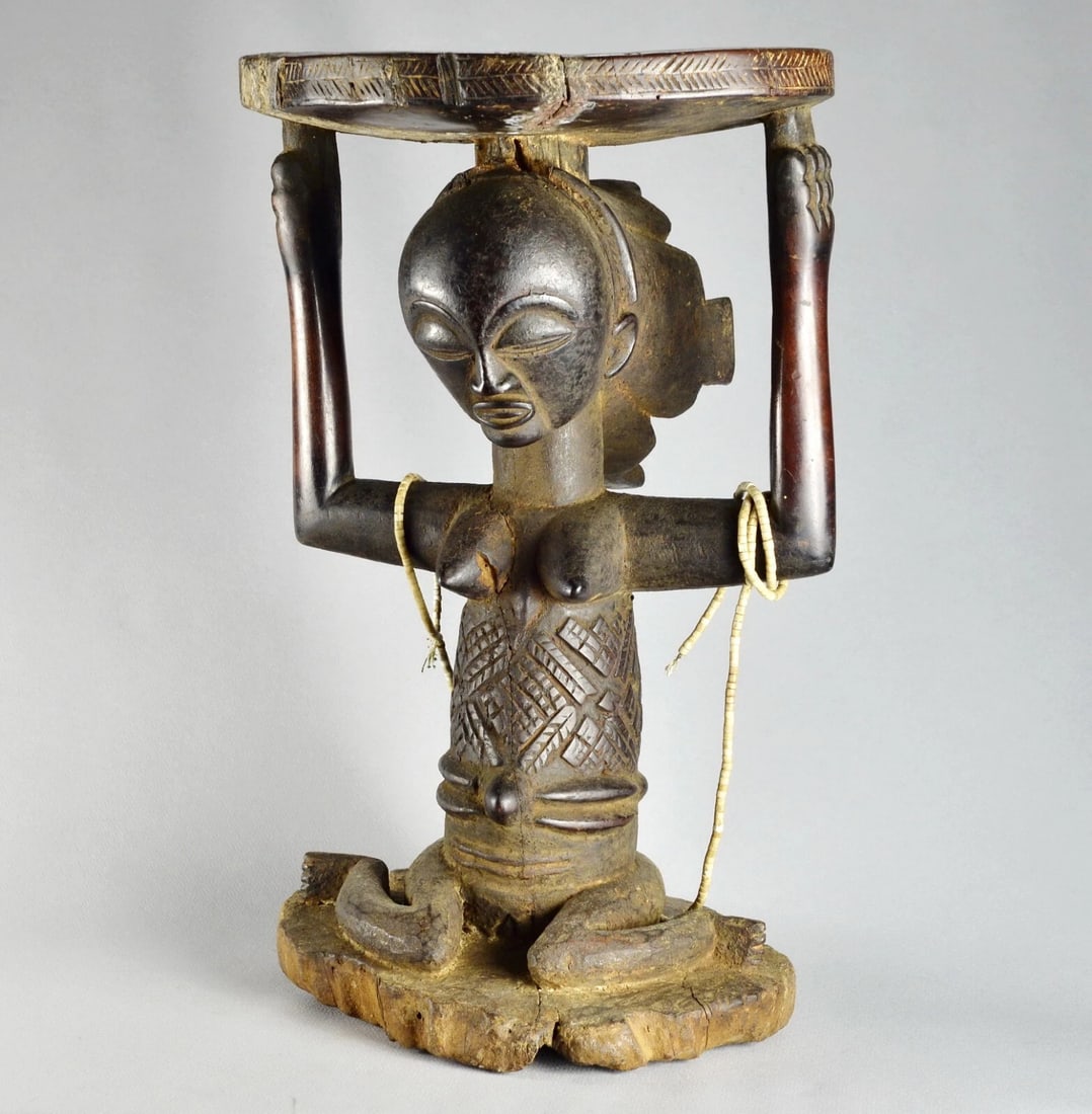 LUBA Old (+100years) caryatid stool tabouret seat Congo African Tribal Art 1412 - 5