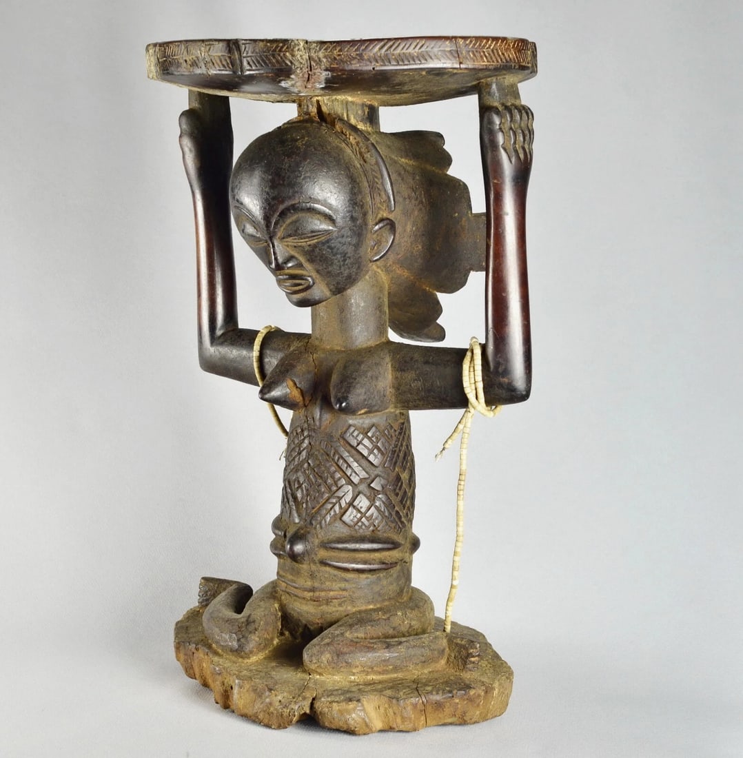 LUBA Old (+100years) caryatid stool tabouret seat Congo African Tribal Art 1412 - 6