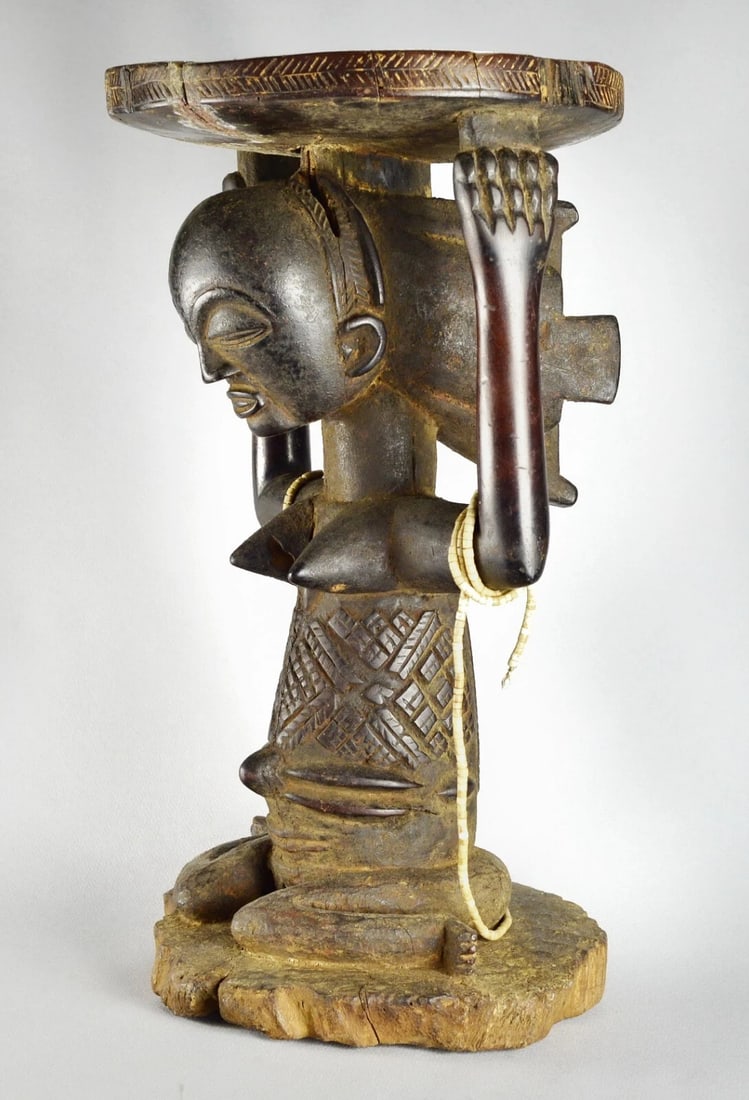 LUBA Old (+100years) caryatid stool tabouret seat Congo African Tribal Art 1412 - 7
