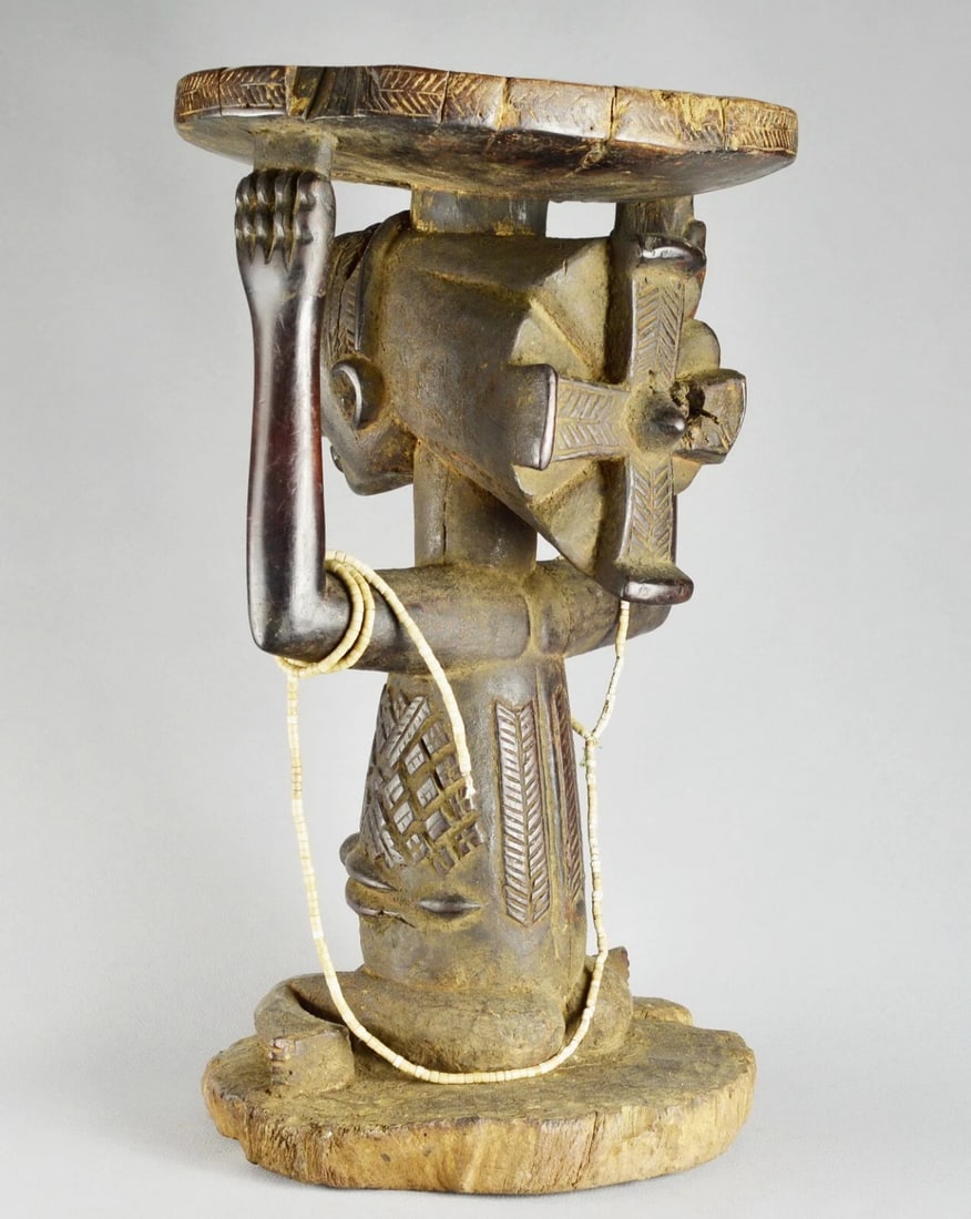 LUBA Old (+100years) caryatid stool tabouret seat Congo African Tribal Art 1412 - 8