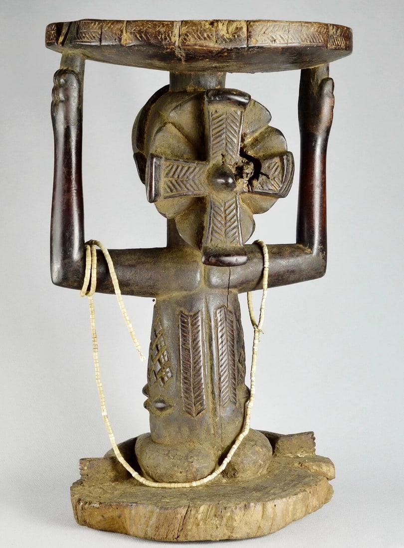 LUBA Old (+100years) caryatid stool tabouret seat Congo African Tribal Art 1412 - 9