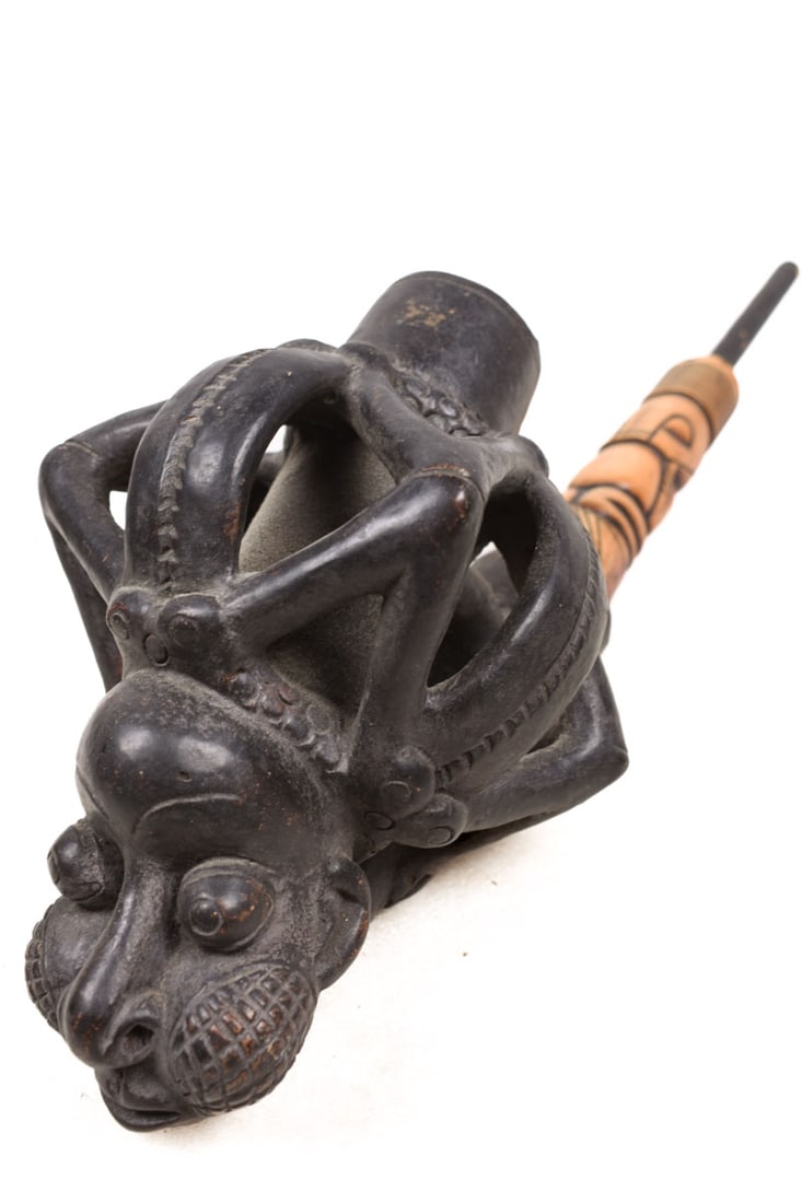 Ceremonial Pipe – Clay, Bone – Bamun – Cameroon: The peoples of the Cameroon Grassfields (West Africa) developed a rich tradition in the visual arts that expressed the social and political hierarchy of the many chiefdoms and kingdoms of the region.