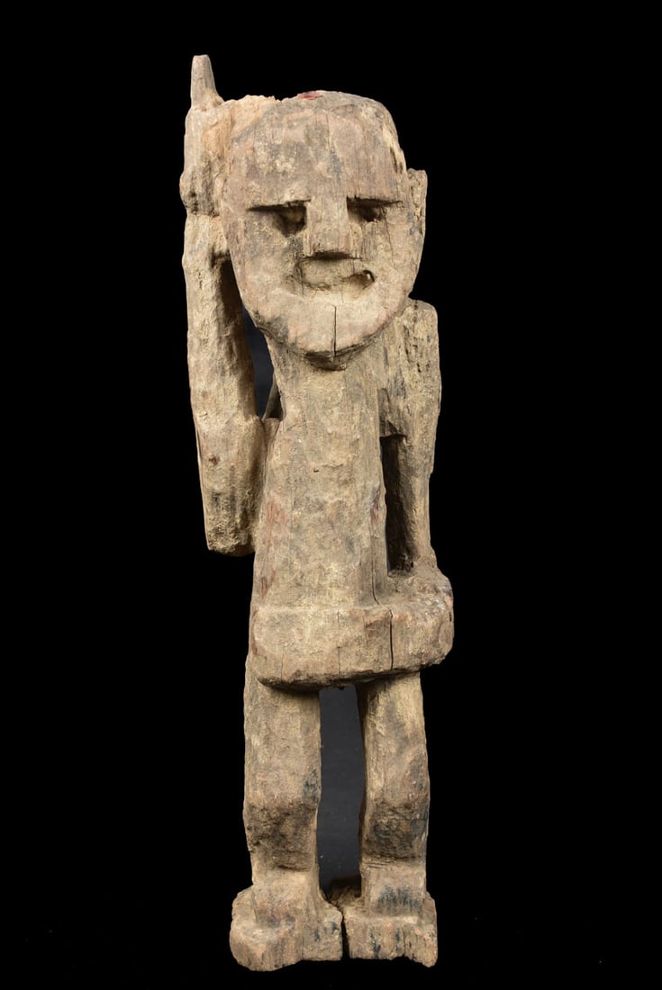 Ancestor Figure – Wood – Nepal: Ancestor figure with red wax stamp on the back. This seal is not just a random mark—it serves an important purpose in verifying the legal export of the mask from Nepal. Great standing wooden