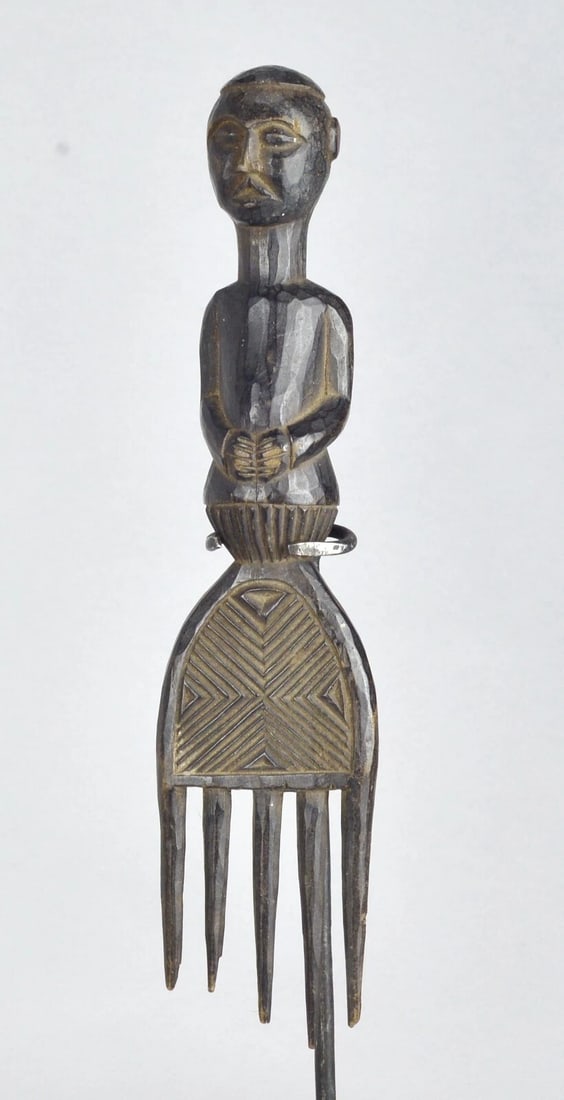 LUBA ? Congo wooden anthropomorphic COMB Topped with male bust African Art - 3