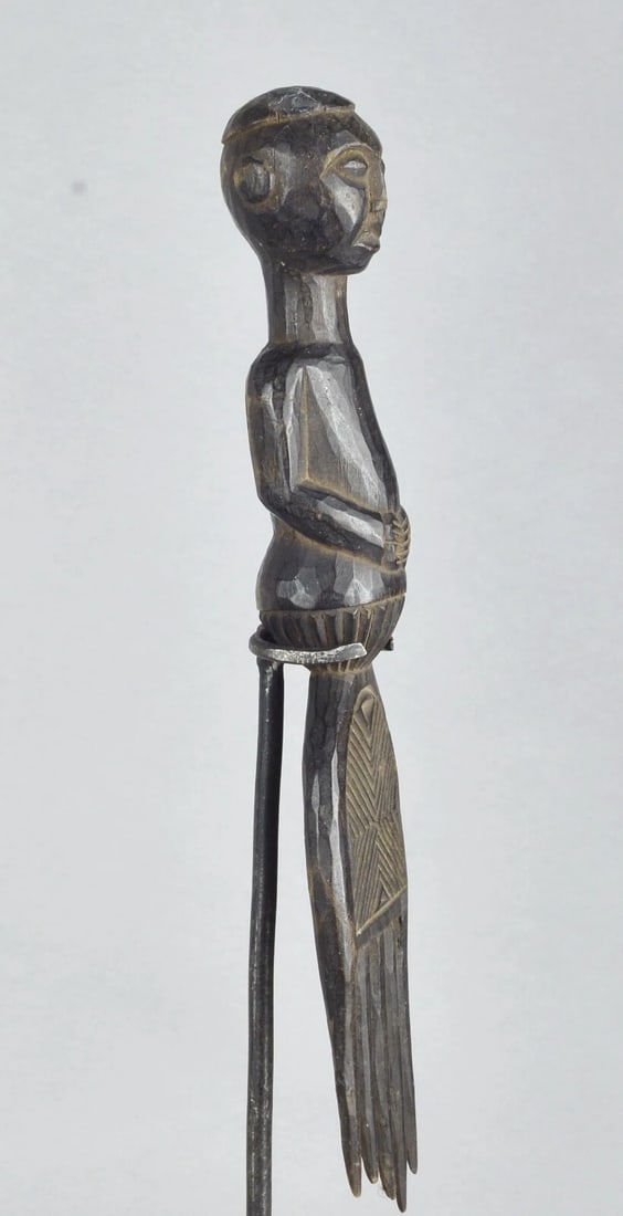 LUBA ? Congo wooden anthropomorphic COMB Topped with male bust African Art - 8