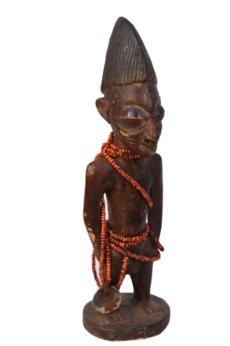 Ibeji Figure – Wood , Beads- Yoruba – Nigeria: Appealing Ibeji figure of the YORUBA tribe of Nigeria. Warm expression with a beautiful aged patina, in good condition with traces of aging. Yoruba peoples have one of the highest incidents of twin