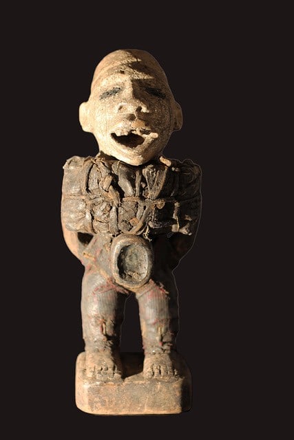 Nkisi Figure – Wood- Yombe – Congo: Very complete Nkisi fetish figure from the Yombe tribe of DR Congo. A Nkisi refers to the spiritual nature of the figure where nkondi refers to the power of the figure itself. Spiritual and religious
