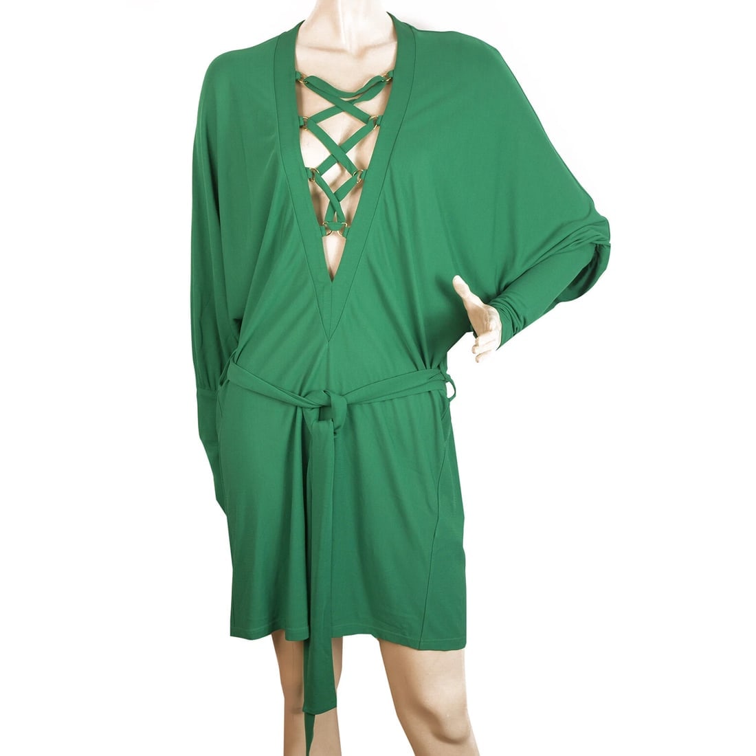 Balmain Green Criss Cross Deep V Neckline Dolman Sleeve Mini Length Dress 36 (1 of 6)