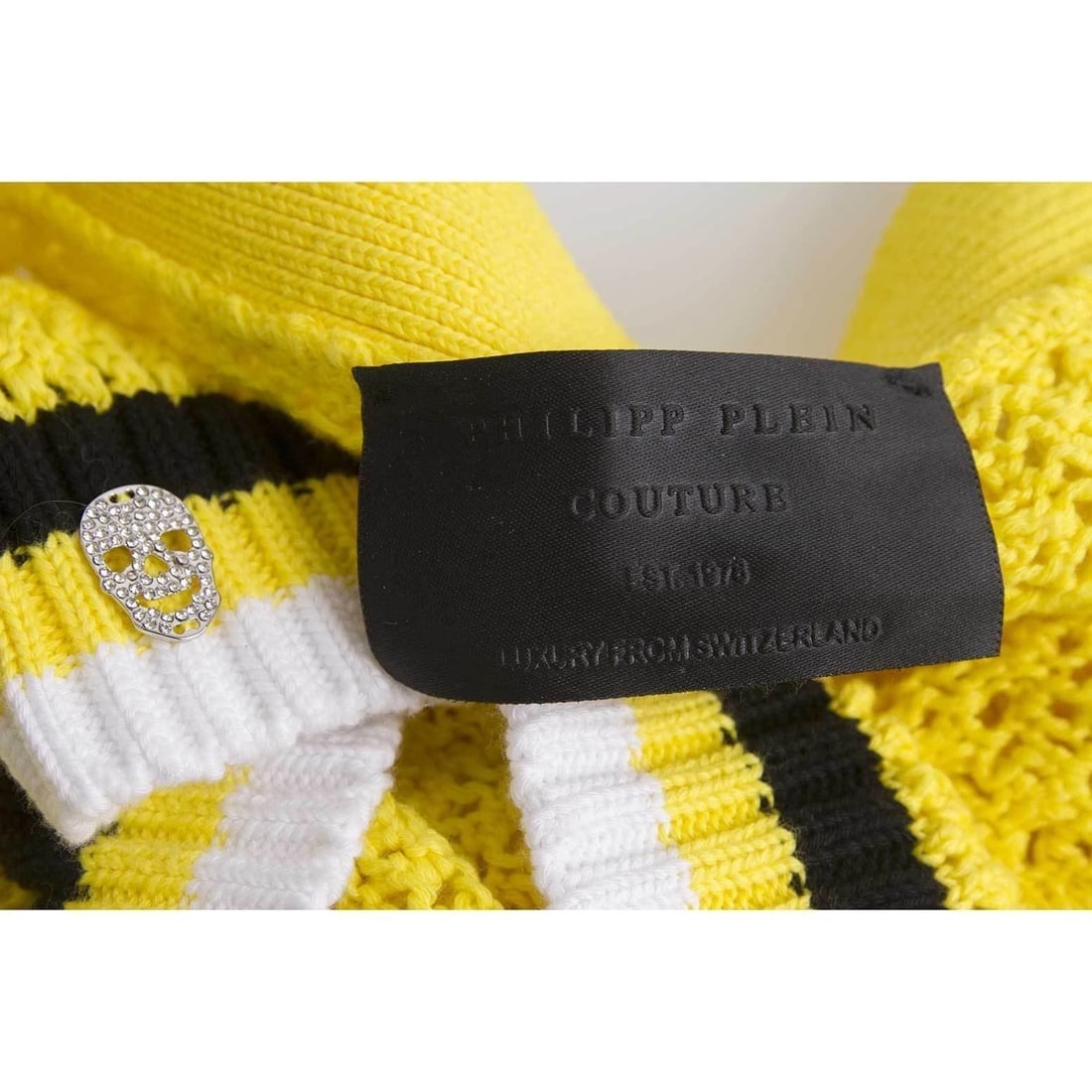 Philipp Plein Yellow Cable Knit Cotton Mini Skirt Skull Black & White Stripes M - 4