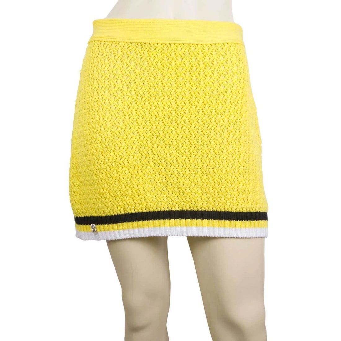Philipp Plein Yellow Cable Knit Cotton Mini Skirt Skull Black & White Stripes M - 6