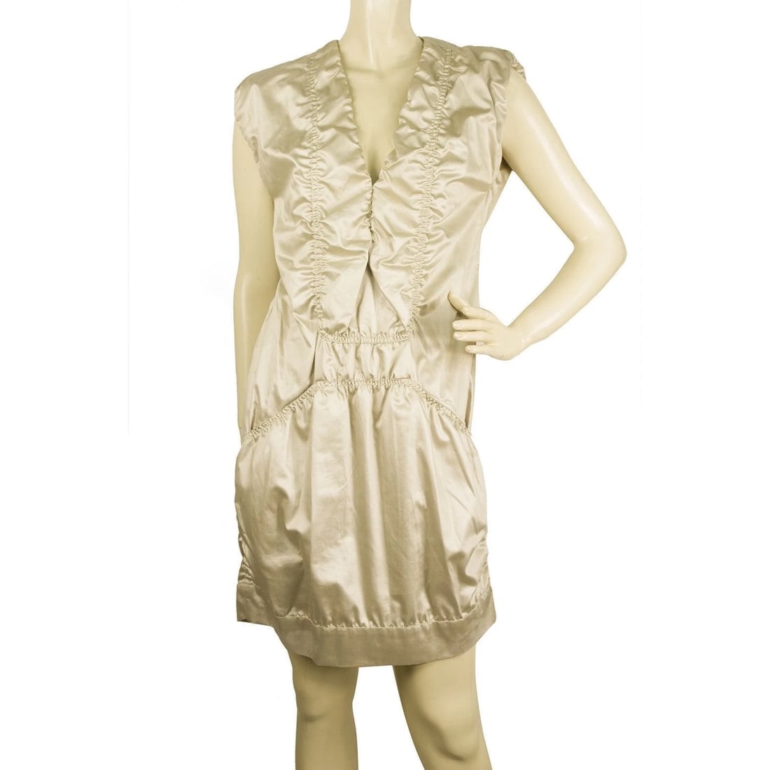 Haute Shiny Cotton V Neckline Ruched Mini Length Beige Dress - Size 42 (1 of 6)