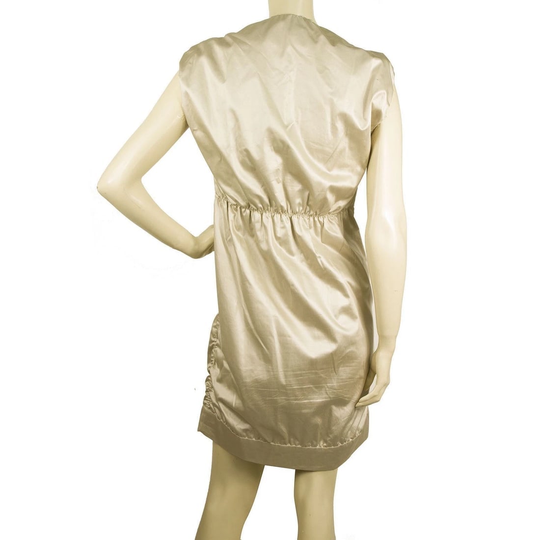 Haute Shiny Cotton V Neckline Ruched Mini Length Beige Dress - Size 42 - 2