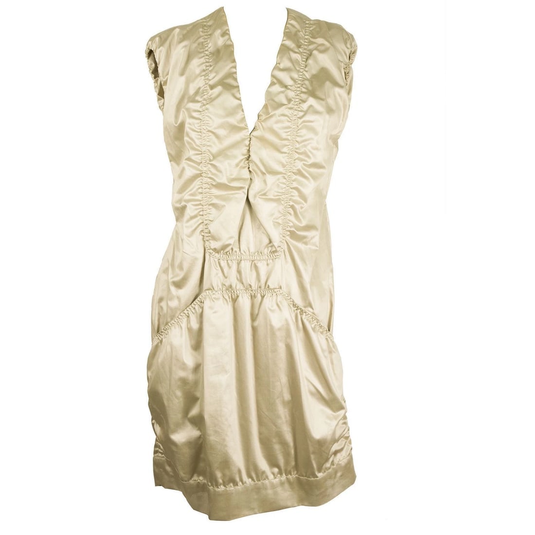 Haute Shiny Cotton V Neckline Ruched Mini Length Beige Dress - Size 42 - 6