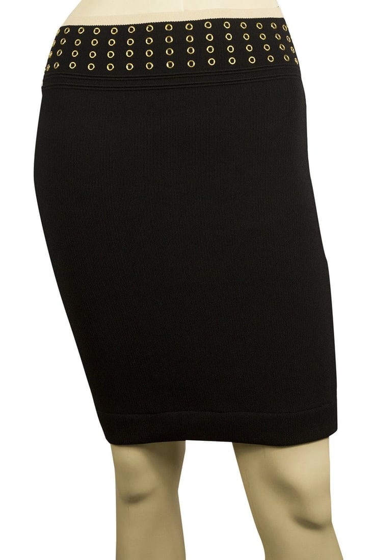 Black Elasticated Knit Mini Skirt w. Rivets at the Waist or Hemline Beige Trim (1 of 3)