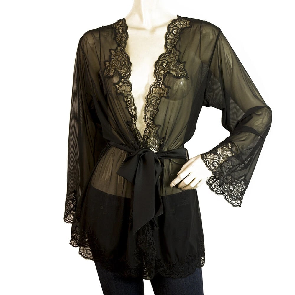 Cotton Club Black Lace Intimate Lingerie Kimono Robe Cardigan Top sz L (1 of 5)