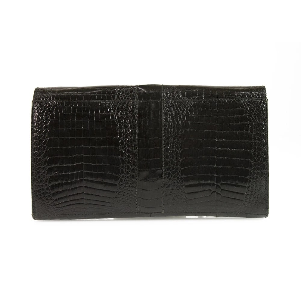 Vintage Black Croco Gold Tone Chain Flap Top Clutch Shoulder Evening Bag Handbag - 2