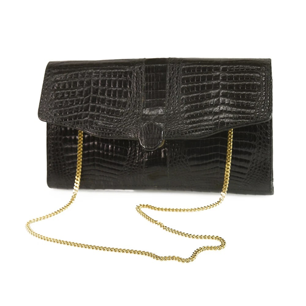 Vintage Black Croco Gold Tone Chain Flap Top Clutch Shoulder Evening Bag Handbag - 3