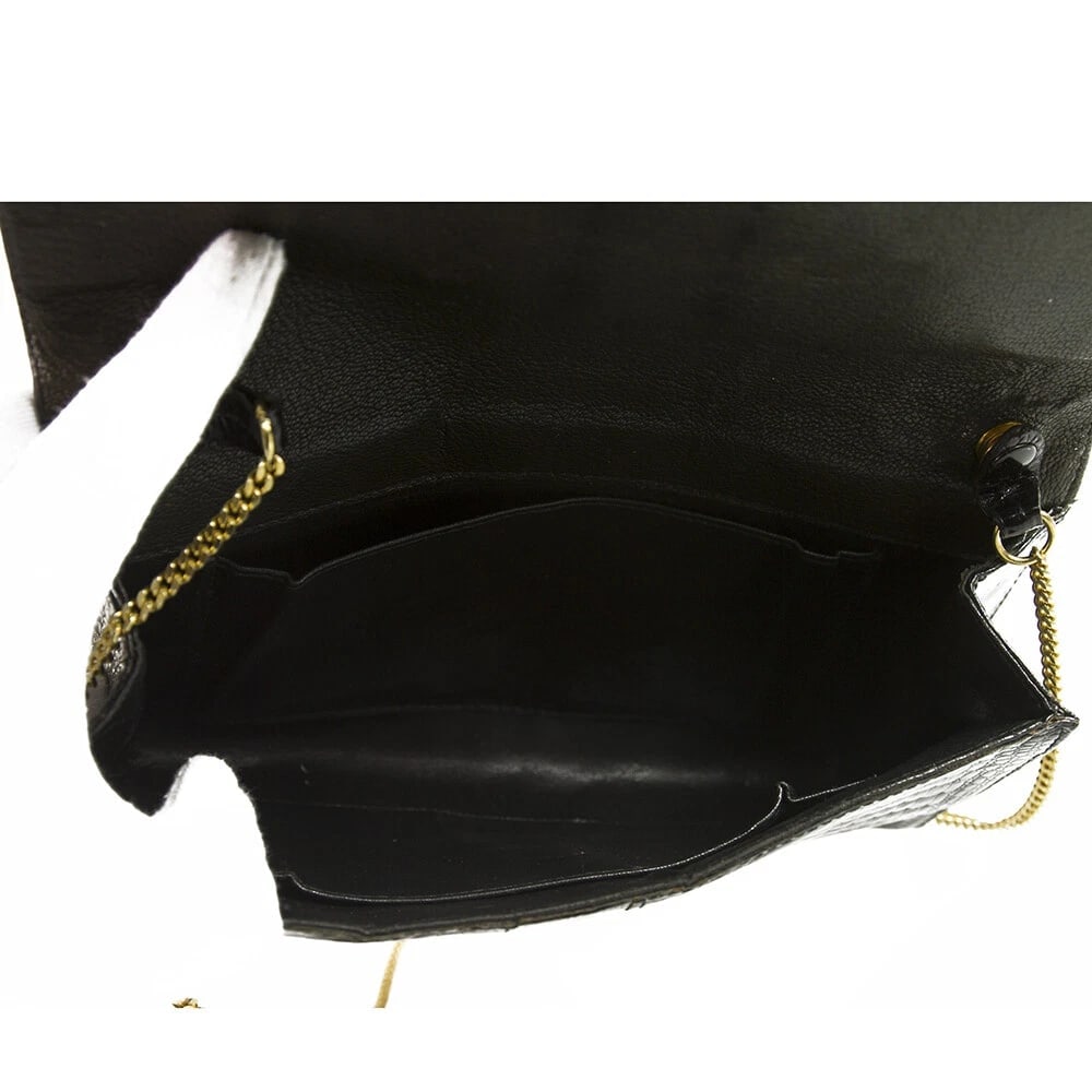 Vintage Black Croco Gold Tone Chain Flap Top Clutch Shoulder Evening Bag Handbag - 6