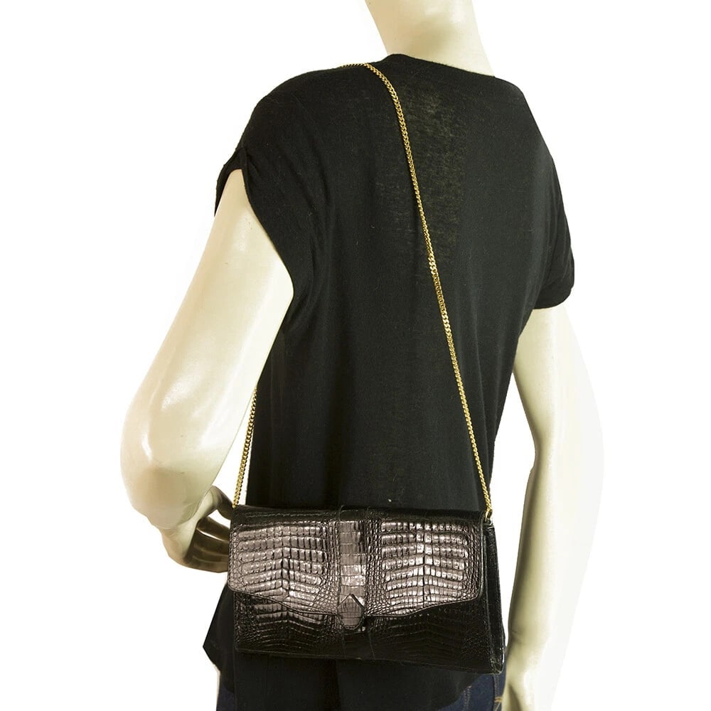 Vintage Black Croco Gold Tone Chain Flap Top Clutch Shoulder Evening Bag Handbag - 9