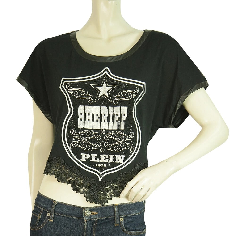 Philipp Plein Black Female Sheriff Rhinestones Short Sleeve T- Shirt lace hem: Title:Philipp Plein Black Female Sheriff Rhinestones Short Sleeve T- Shirt lace hemDescription:Philipp Plein Black Female Sheriff Rhinestones Short Sleeve T- Shirt lace hem For every day comfort