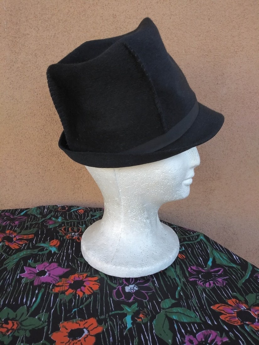 Vintage 1960s Womens Black Wool Fedora Hat Sculptural - 2