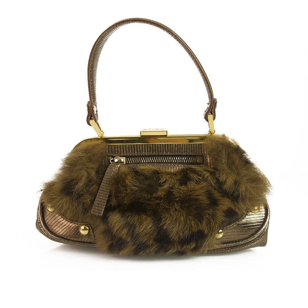 DESMO Genuine Fur with Bronze Metallic Lizard embossed leather Handbag Bag Purse (1 of 8)