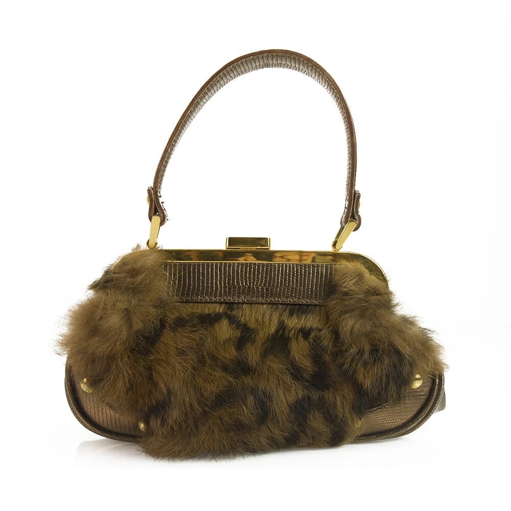 DESMO Genuine Fur with Bronze Metallic Lizard embossed leather Handbag Bag Purse - 2