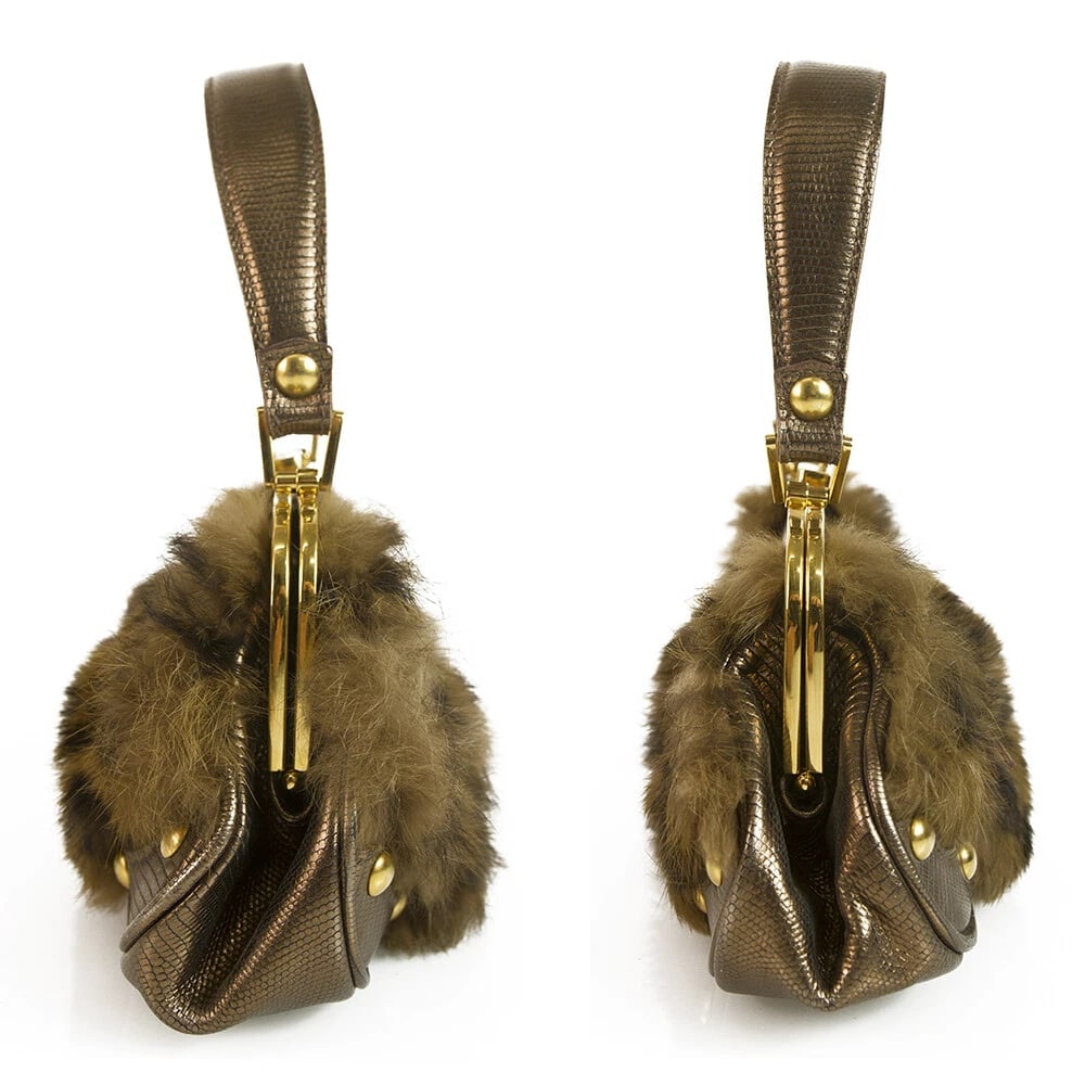 DESMO Genuine Fur with Bronze Metallic Lizard embossed leather Handbag Bag Purse - 3