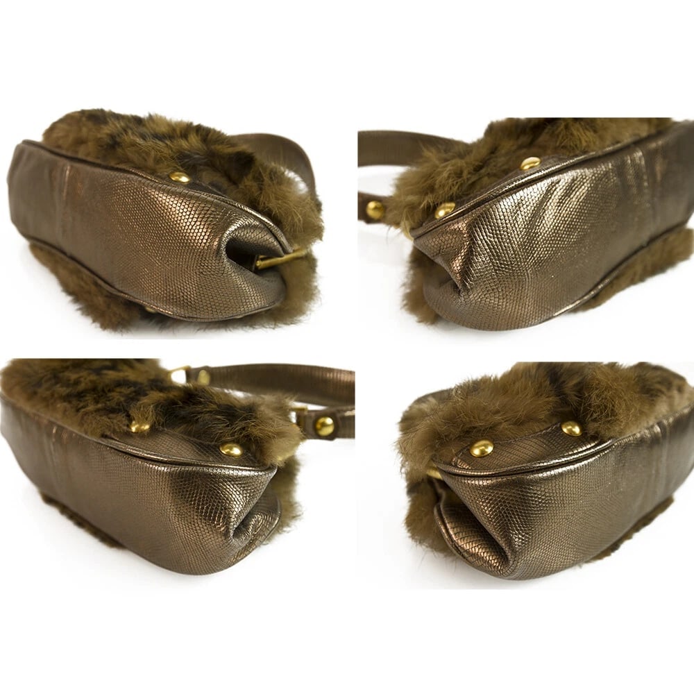 DESMO Genuine Fur with Bronze Metallic Lizard embossed leather Handbag Bag Purse - 4