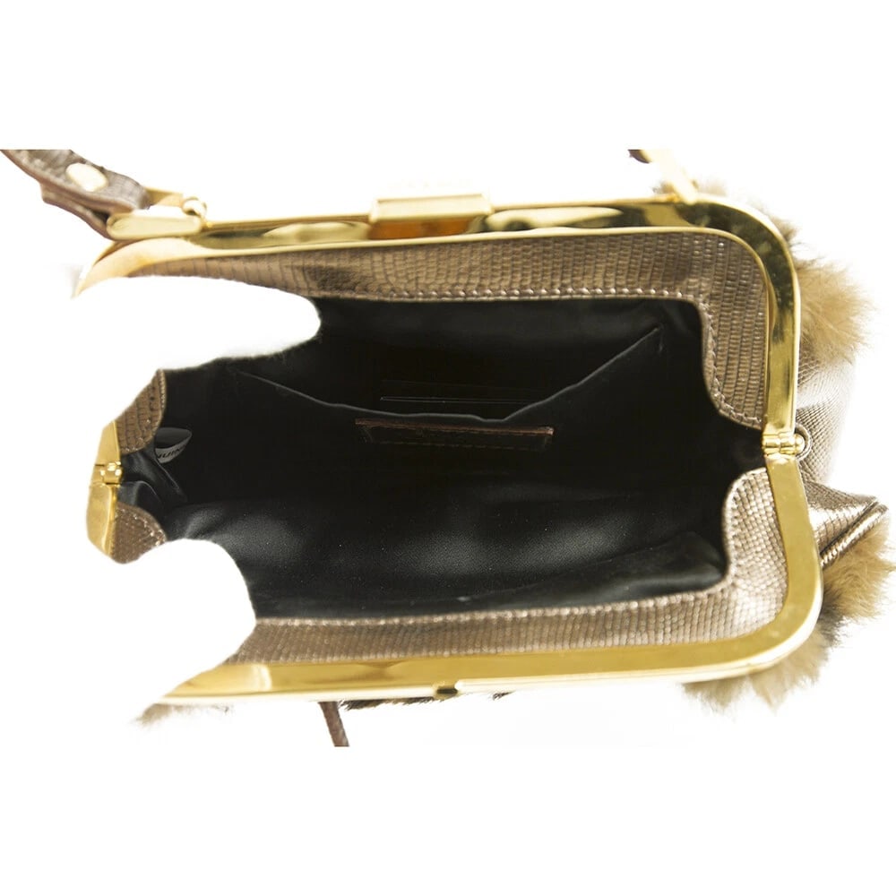 DESMO Genuine Fur with Bronze Metallic Lizard embossed leather Handbag Bag Purse - 5