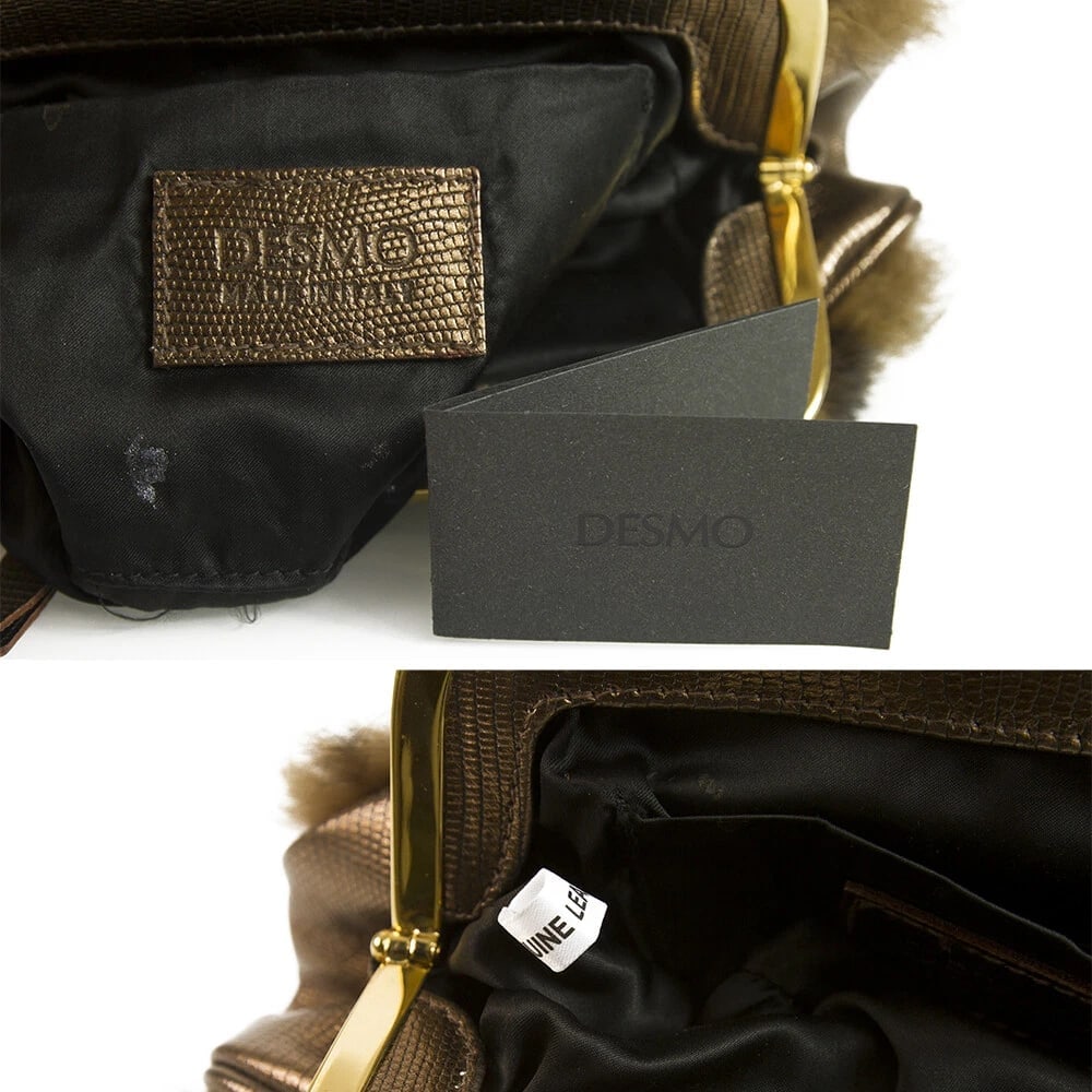 DESMO Genuine Fur with Bronze Metallic Lizard embossed leather Handbag Bag Purse - 6