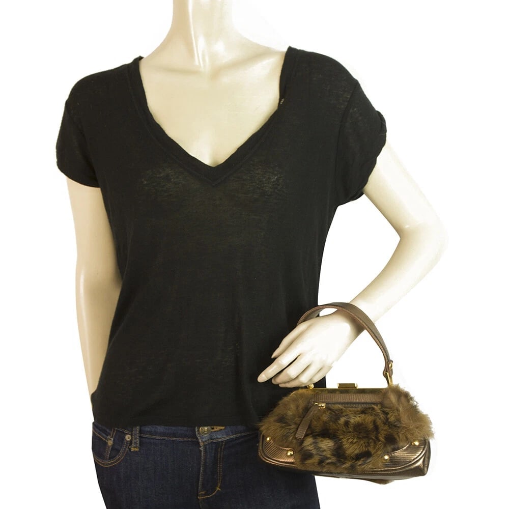 DESMO Genuine Fur with Bronze Metallic Lizard embossed leather Handbag Bag Purse - 7