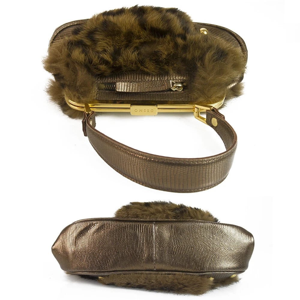 DESMO Genuine Fur with Bronze Metallic Lizard embossed leather Handbag Bag Purse - 8