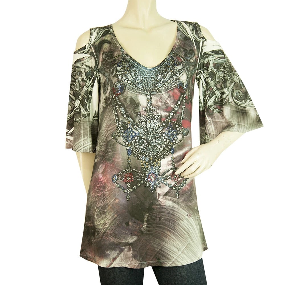S-12 S-Twelve Cut Shoulders Multicolor Jeweled Long Blouse Top size M (1 of 6)