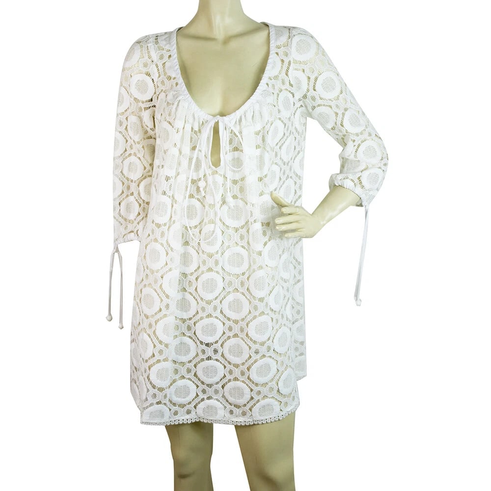 Milly Cabana Cotton Broderie White Kaftan Cover Up Beach Mini Dress - Sz 8 (1 of 6)