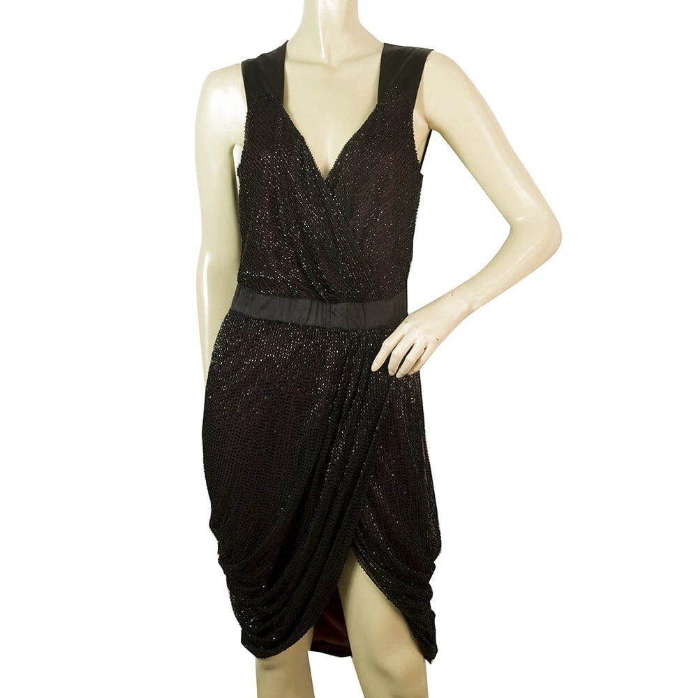Pinko Black Fully Beaded Sleeveless Draped Tulip Mini Dress sz 44 (1 of 6)