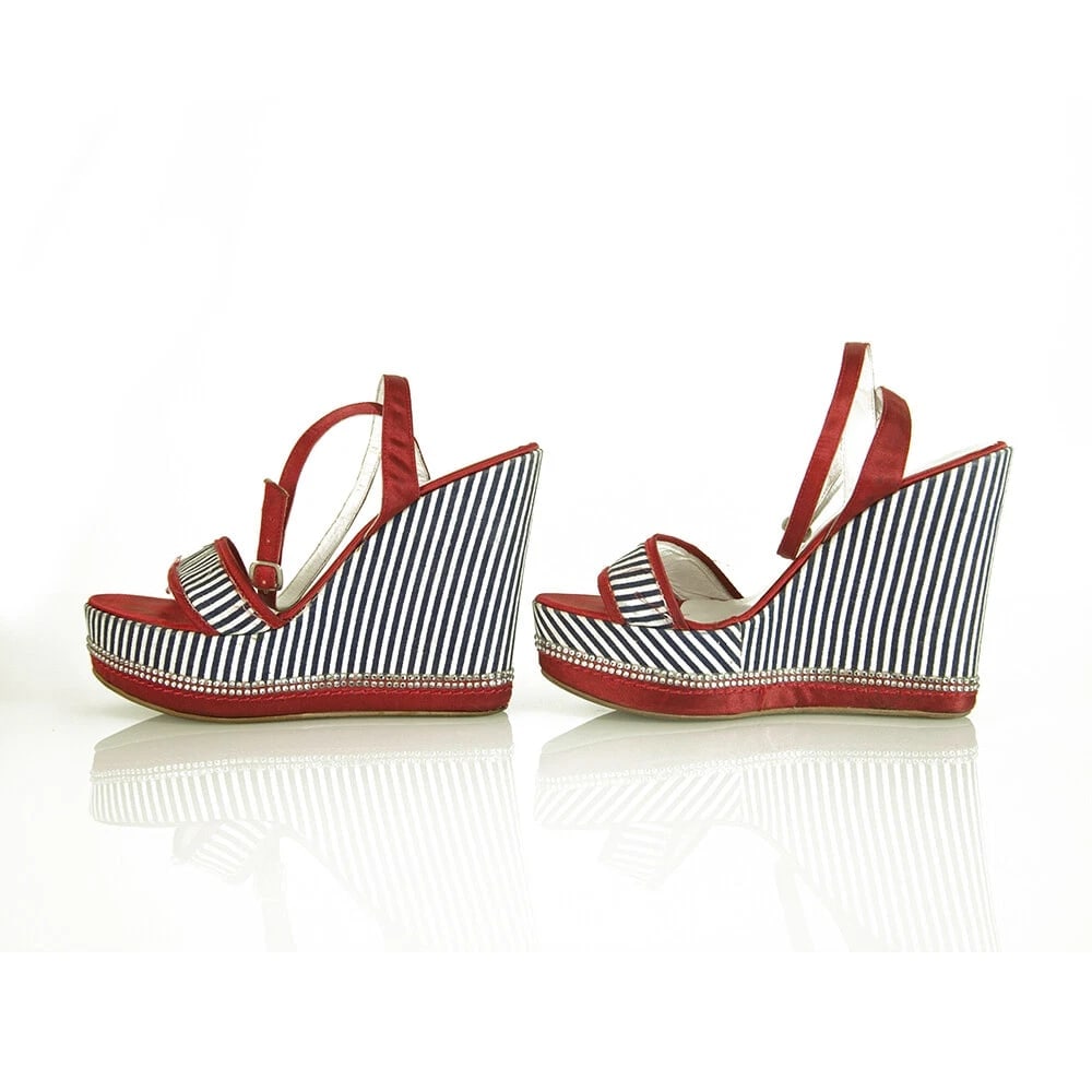 Solo Per Te Blue White Stripes Red Crystals Wedge Platform Sandals shoes ( 39 ?) - 4