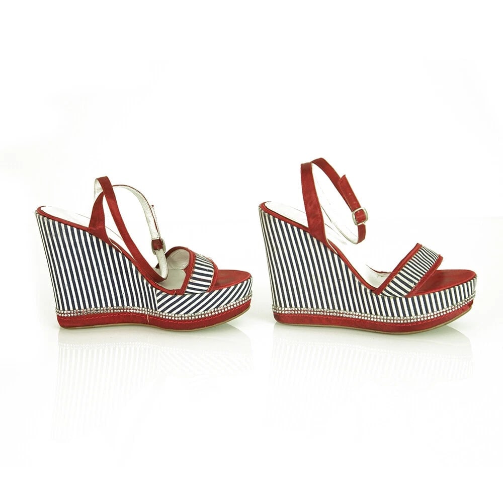 Solo Per Te Blue White Stripes Red Crystals Wedge Platform Sandals shoes ( 39 ?) - 5