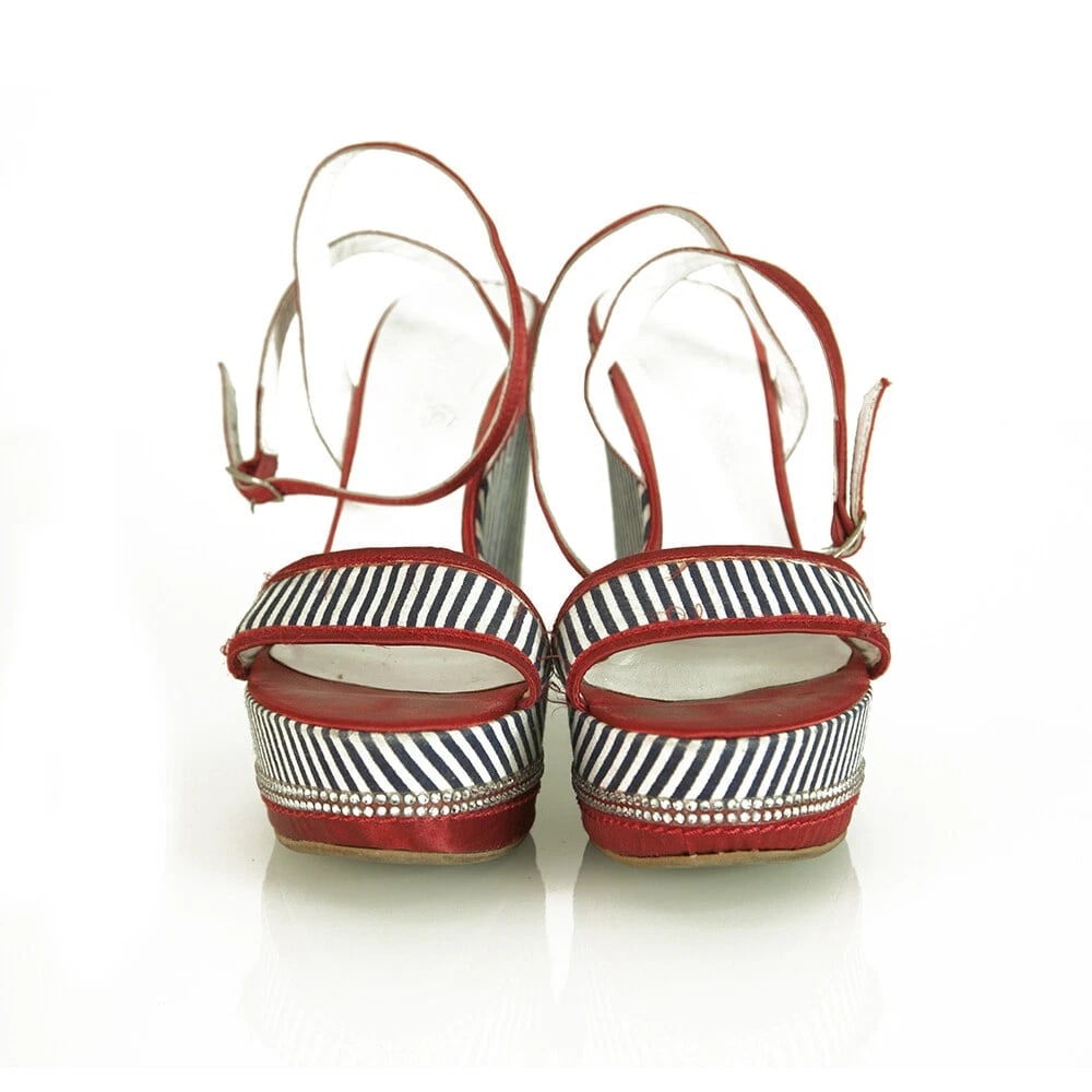 Solo Per Te Blue White Stripes Red Crystals Wedge Platform Sandals shoes ( 39 ?) - 6