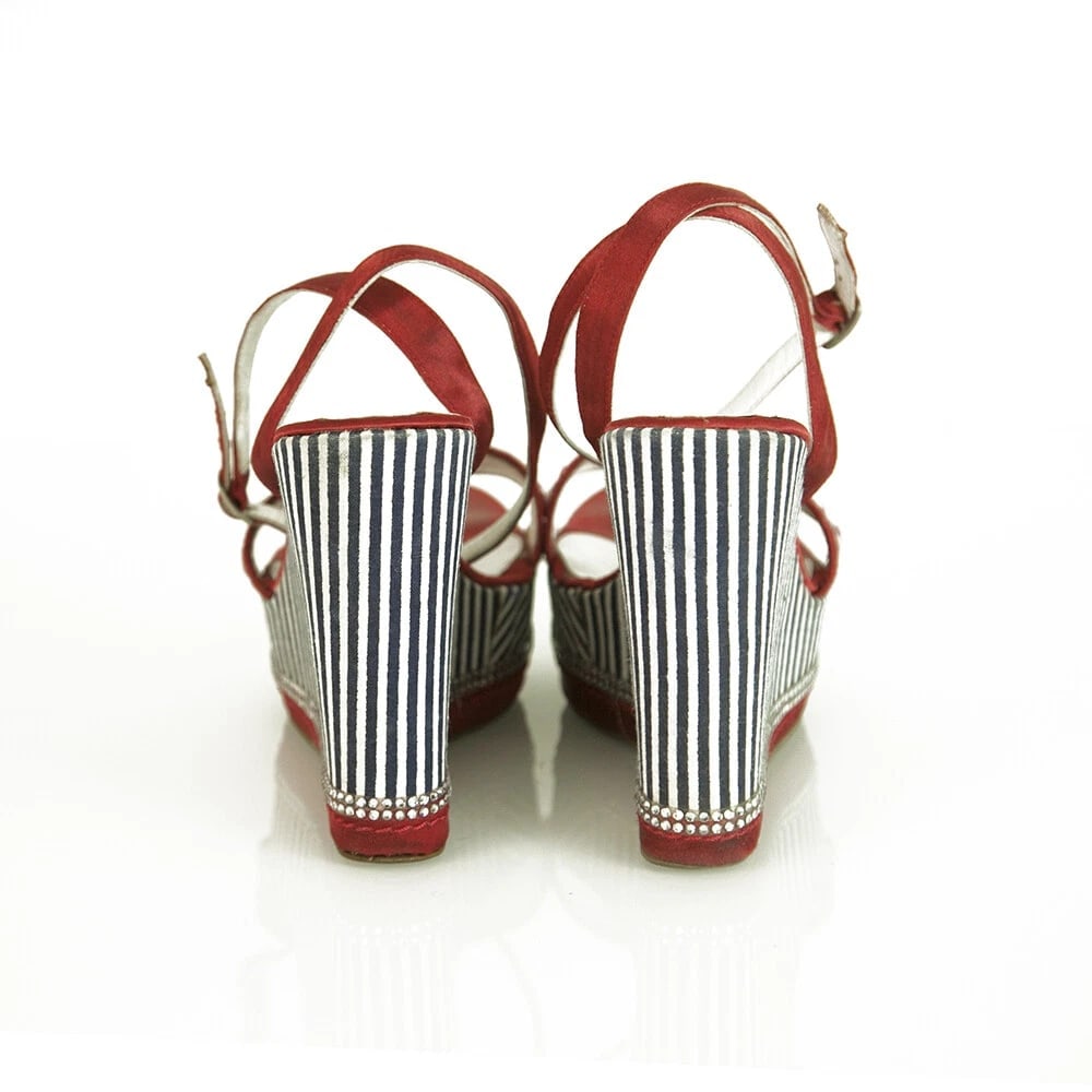 Solo Per Te Blue White Stripes Red Crystals Wedge Platform Sandals shoes ( 39 ?) - 7