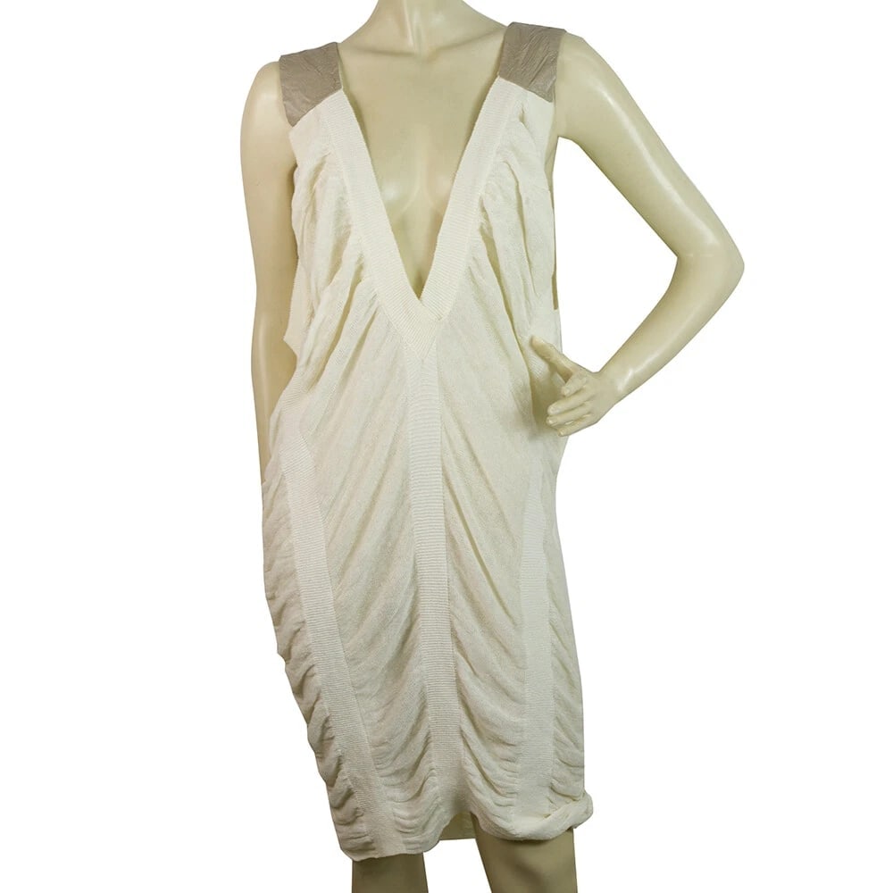 Iceberg Cream Linen Beige Straps Draped Knee Length Midi Dress size 44 / M (1 of 6)