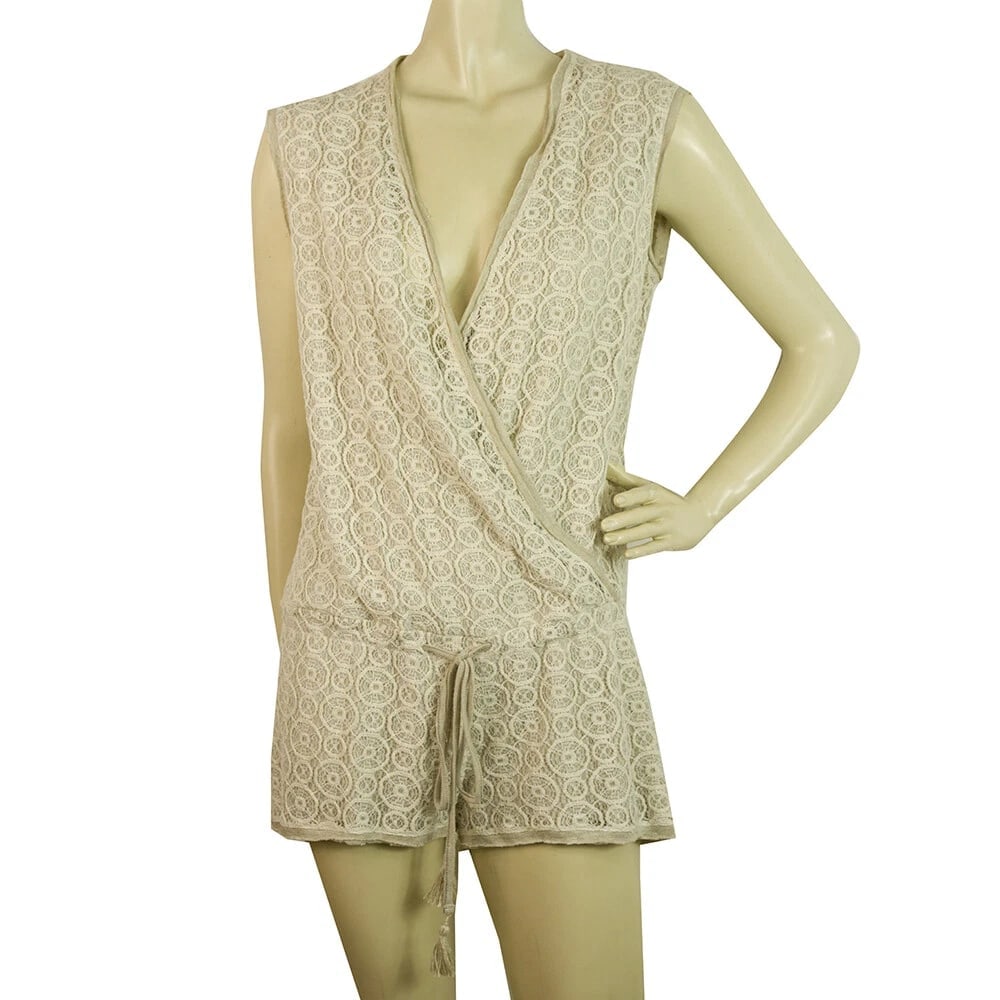 Raggiani Beige and Cream Tie Front V Neckline Playsuit Summer Romper Sz S (1 of 6)
