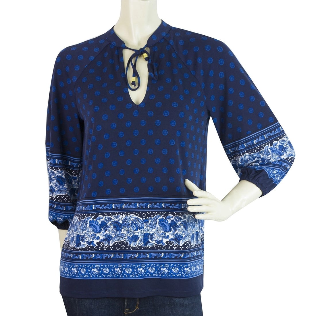 Michael Kors Blue Tie Neck 3/4 Sleeves Floral Tunic Top Blouse size P (1 of 6)